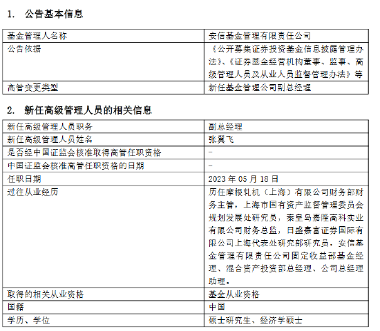 “绩优而仕”！安信基金新任张翼飞为副总经理