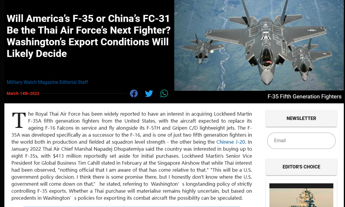 耍大牌！F-35出口严苛引泰国担忧，其未来将采购中国歼-35？