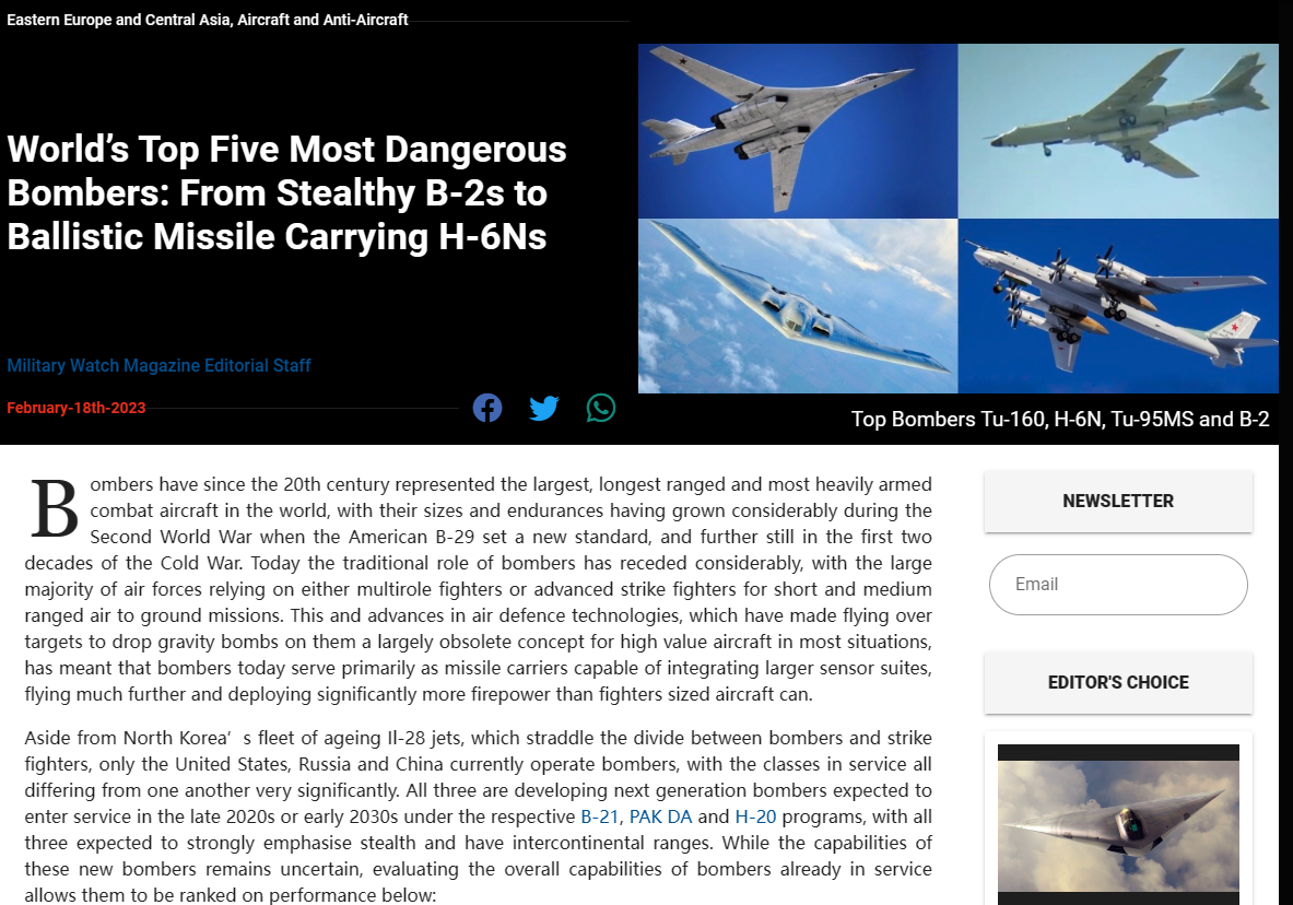 全球第五！轰-6N搭载高超音速导弹，能力压美军B-1B轰炸机？