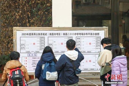  2023年1月8日，在江西南昌的国考考点，几名考生在察看考场安排表。中新社记者 刘力鑫 摄