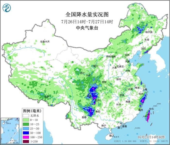 7月27日14时制作的全国降水量实况图
                            来源：中央气象台