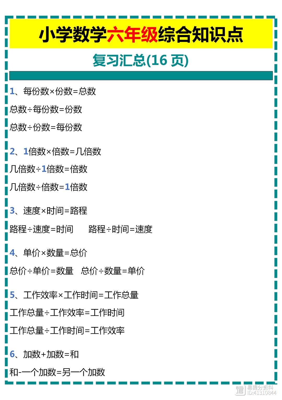 小学数学六年级综合知识点复习汇总