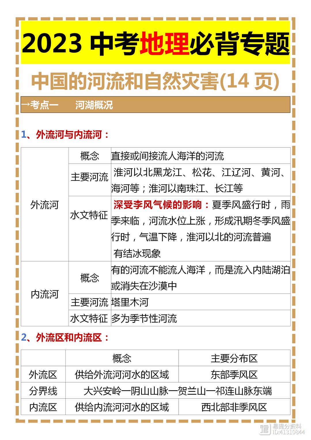 2023中考地理专题中国的河流和自然灾害