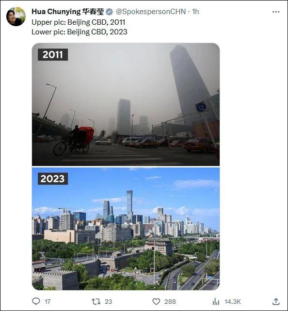 “上图：2011年的北京商务中心区（CBD）。下图：2023年的北京商务中心区（CBD）。”