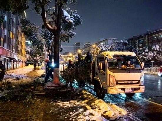 2024年1月22日，湖南长沙，工作人员加班清理路边被大雪压断的树枝。（视觉中国/图）