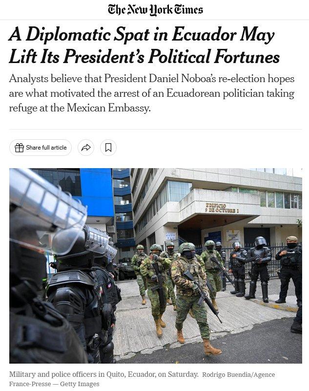 《纽约时报》4月7日发文：此次外交纠纷将提升厄瓜多尔总统诺沃亚的“政治运势”（图片来源：《纽约时报》截图）
